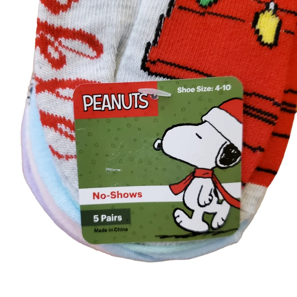Peanuts Snoopy New Christmas Dog House Lights Women's‎ No Show Socks 5 Pairs
